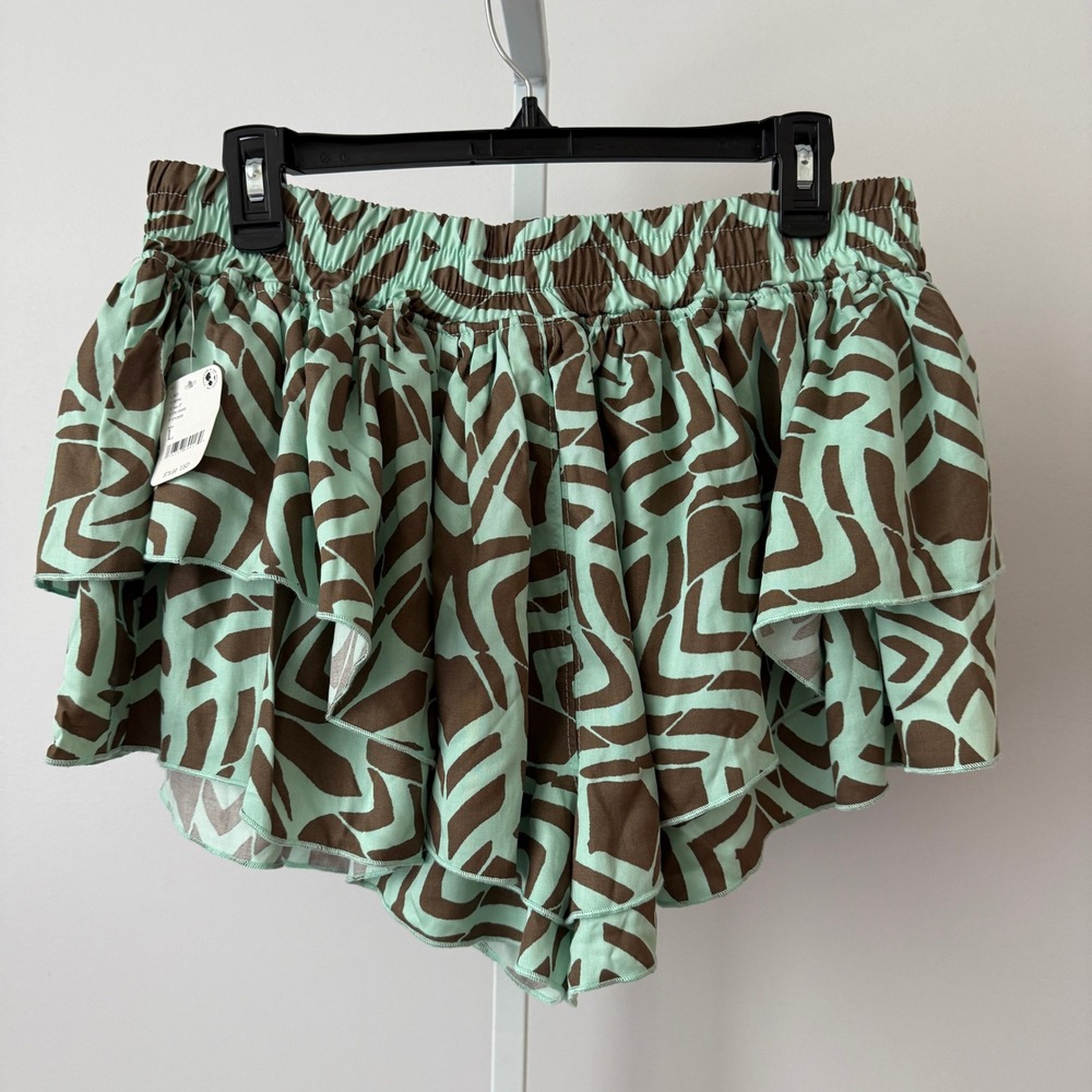 FP Movement L Mint‎ Brown Shorts Ruffle Layered Abstract Zebra Print NWT